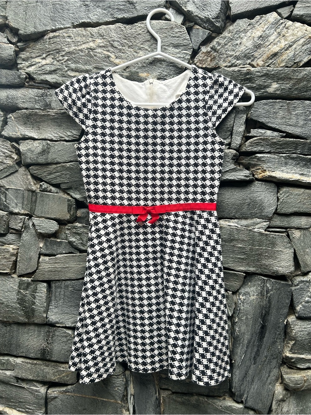 Olivia Black & White Houndstooth Dress with Red Waist Bow